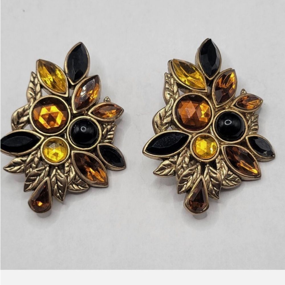 Vintage 80s Amber Black Gold Cluster Clip On Earrings Multi Gem Art Deco MCM